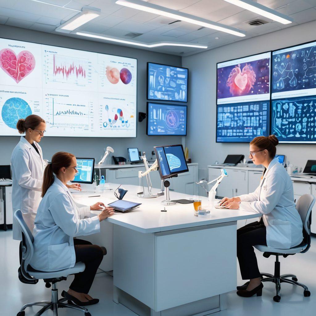 A vibrant scene depicting a diverse group of researchers collaborating in a modern laboratory filled with advanced technology and bright LED screens displaying data about cancer research. In the foreground, a patient is receiving compassionate support from a healthcare professional, symbolizing hope and empowerment. Include elements such as lab equipment, DNA models, and supportive symbols like a heart or hands. The atmosphere should feel warm and inspiring. super-realistic. vibrant colors. white background.