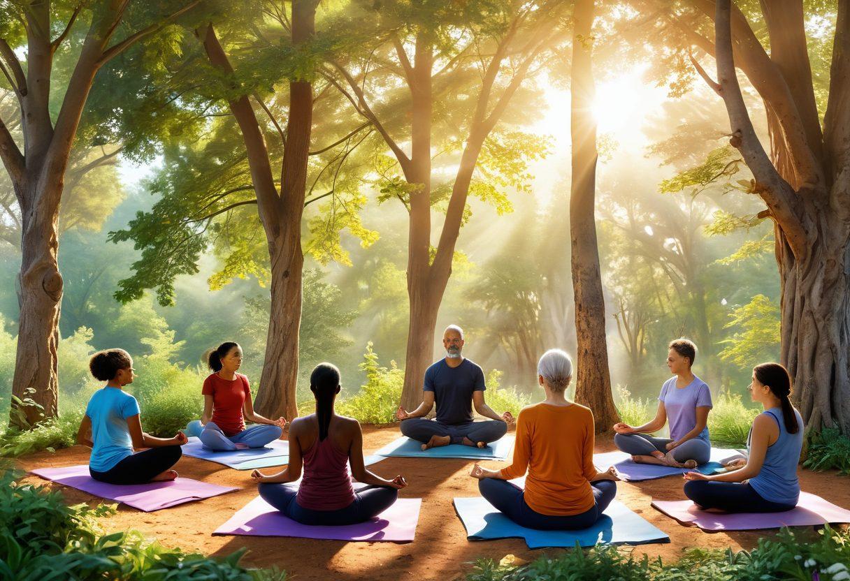A serene landscape depicting a healing journey, showcasing a diverse group of individuals sharing their transformative cancer stories. Integrate symbols of holistic care such as herbal remedies, yoga poses, and serene nature scenes. Incorporate warm, uplifting colors to evoke hope and resilience. The background features soft sunlight filtering through trees, symbolizing new beginnings. super-realistic. vibrant colors. peaceful atmosphere.